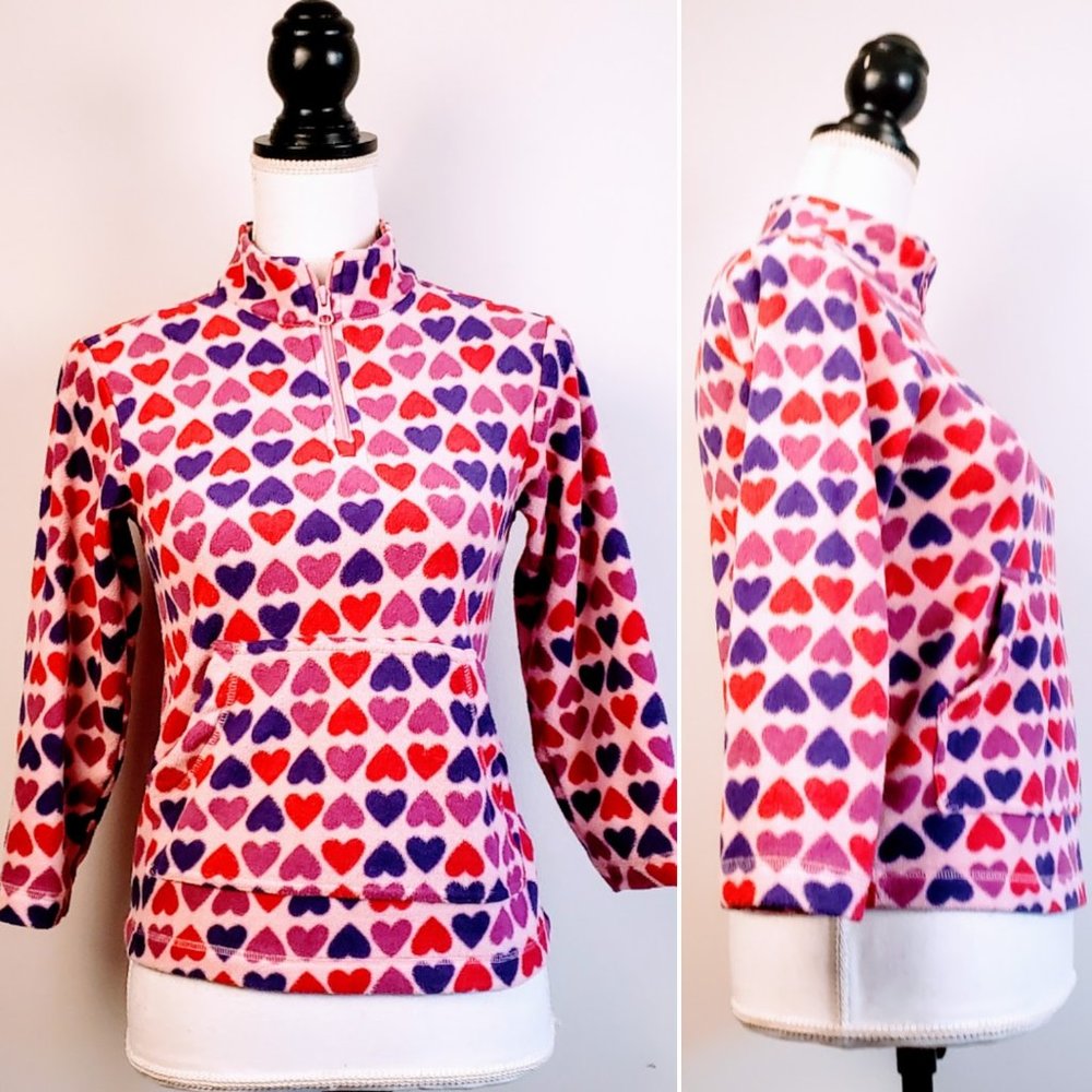 HANNA ANDERSSON Fleece Pullover Sweater, Pink Purple Hearts 1/4 Zip Pockets, 8Y